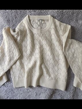 twik Cream Openwork Knit Cowlneck Sweater